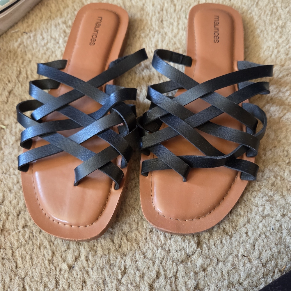 Maurices Black Strappy Slide Sandals with Tan Footbed